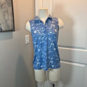 Puma Women Blue Floral Sleeveless Golf Polo Shirt Size S